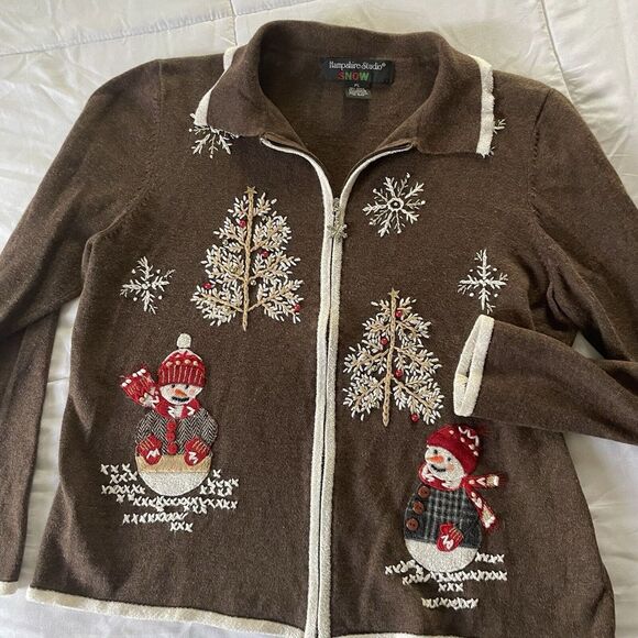 Hampshire Studio SNOW Snowman Brown Zip Up Cardigan‎ Petite Large PL Holiday - Picture 1 of 5